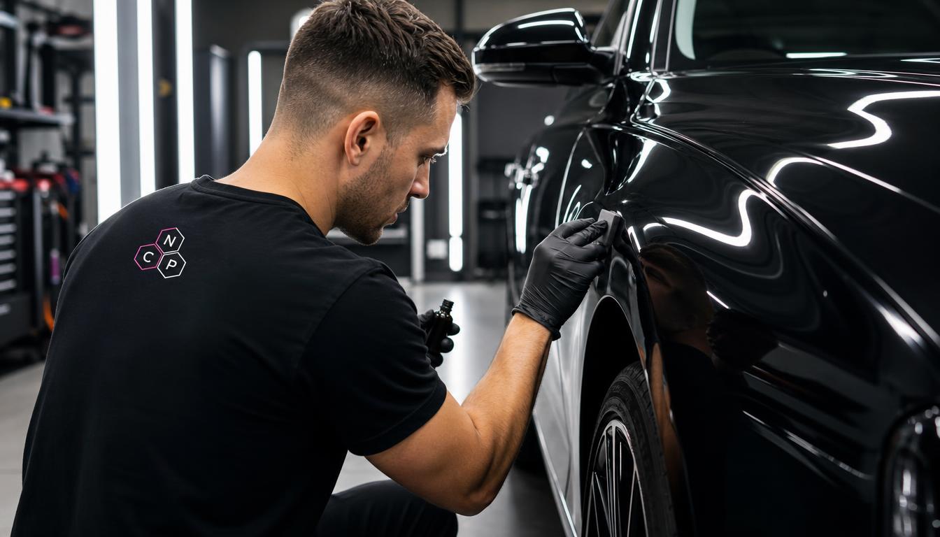 Technician performing a localized Icon Rocklear repair on a single body panel of a luxury vehicle