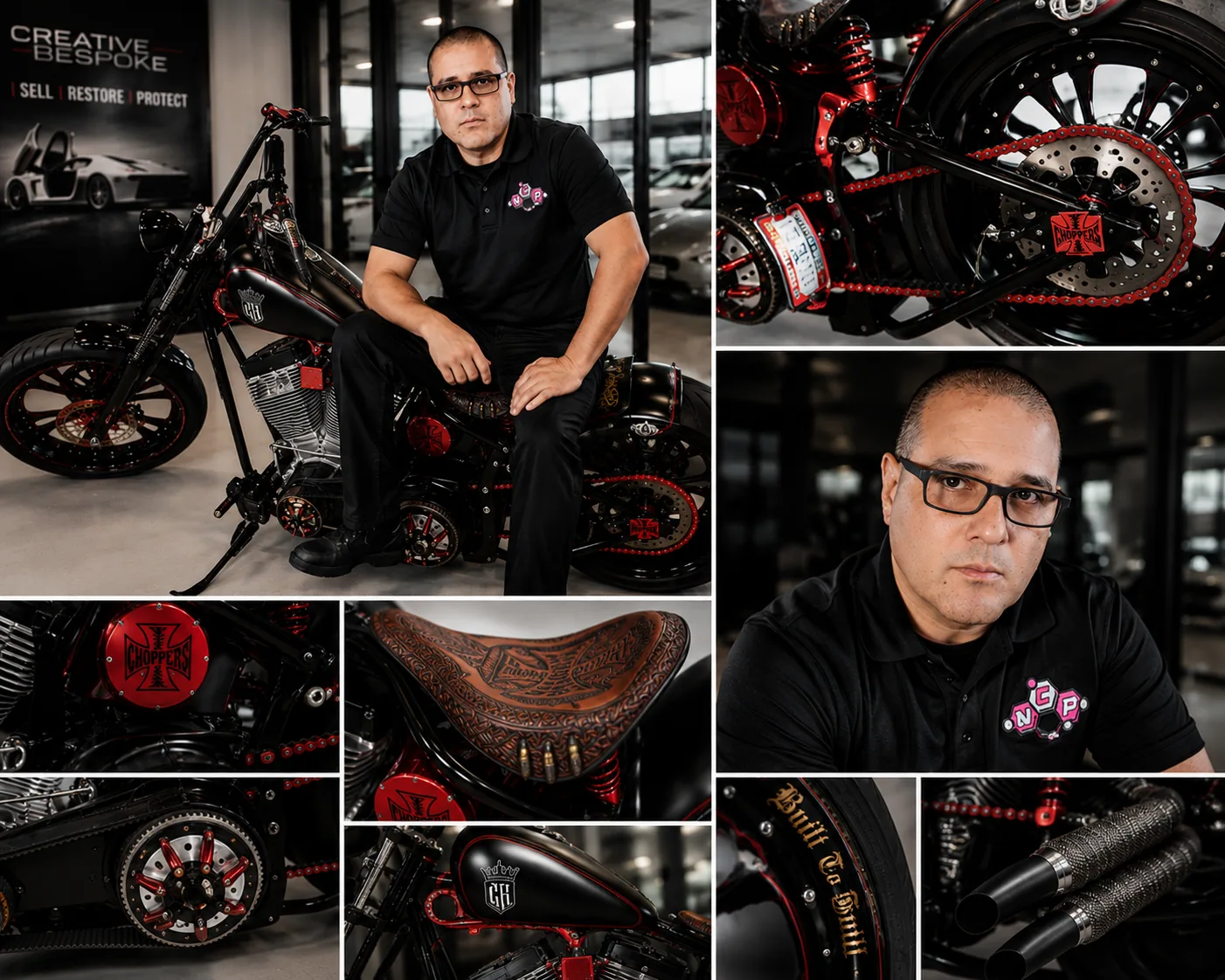 Collage of a custom motorcycle build detailed by Nano Ceramic Pros
