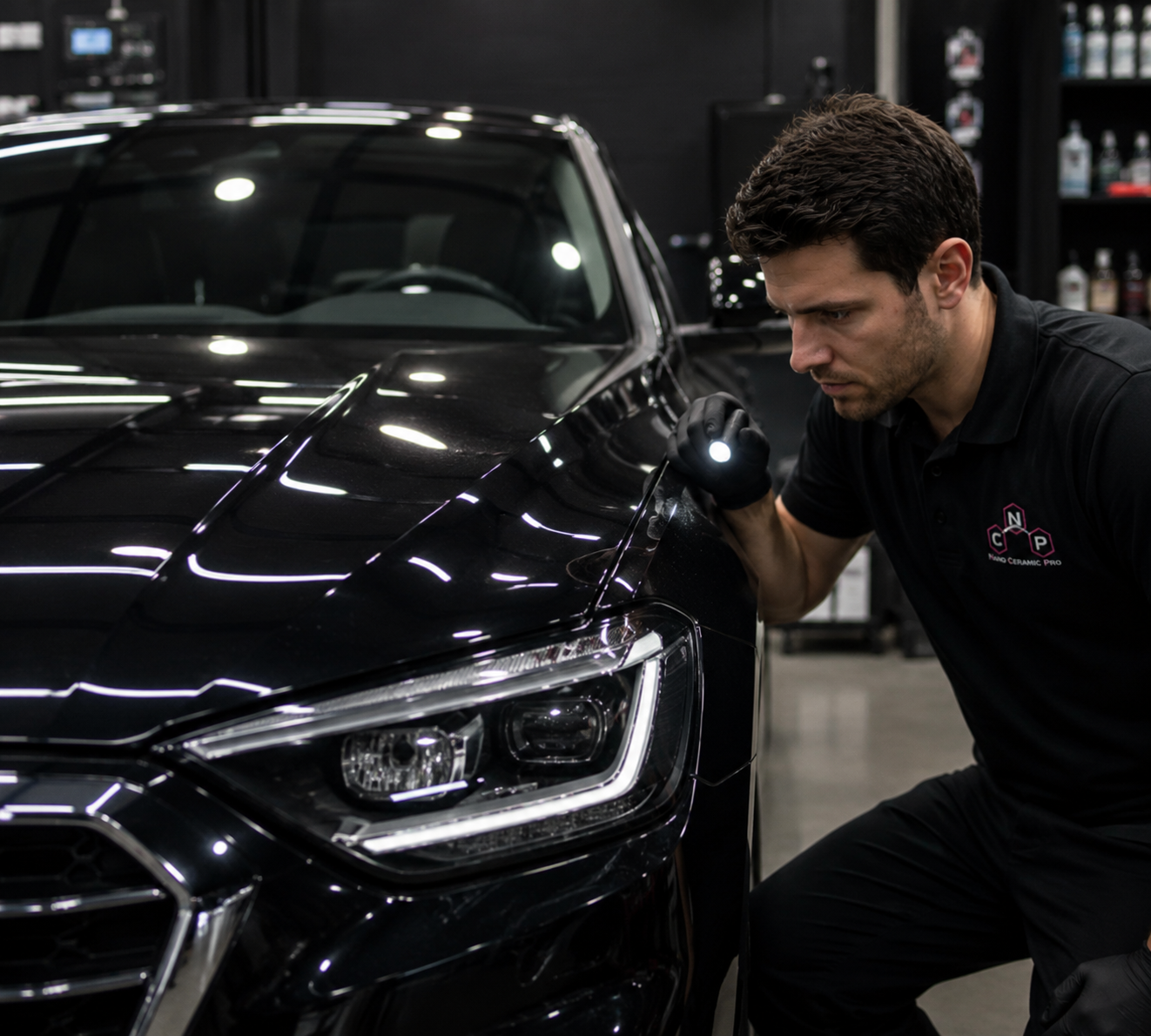 Technician inspecting a black luxury SUV under professional LED inspection lights to verify the protective coating layer
