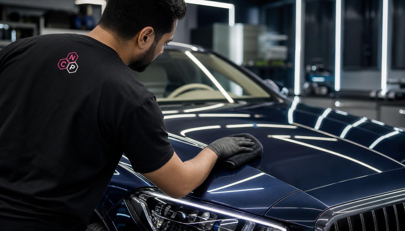 Technician inspecting a freshly coated dark blue luxury sedan under professional LED inspection lights