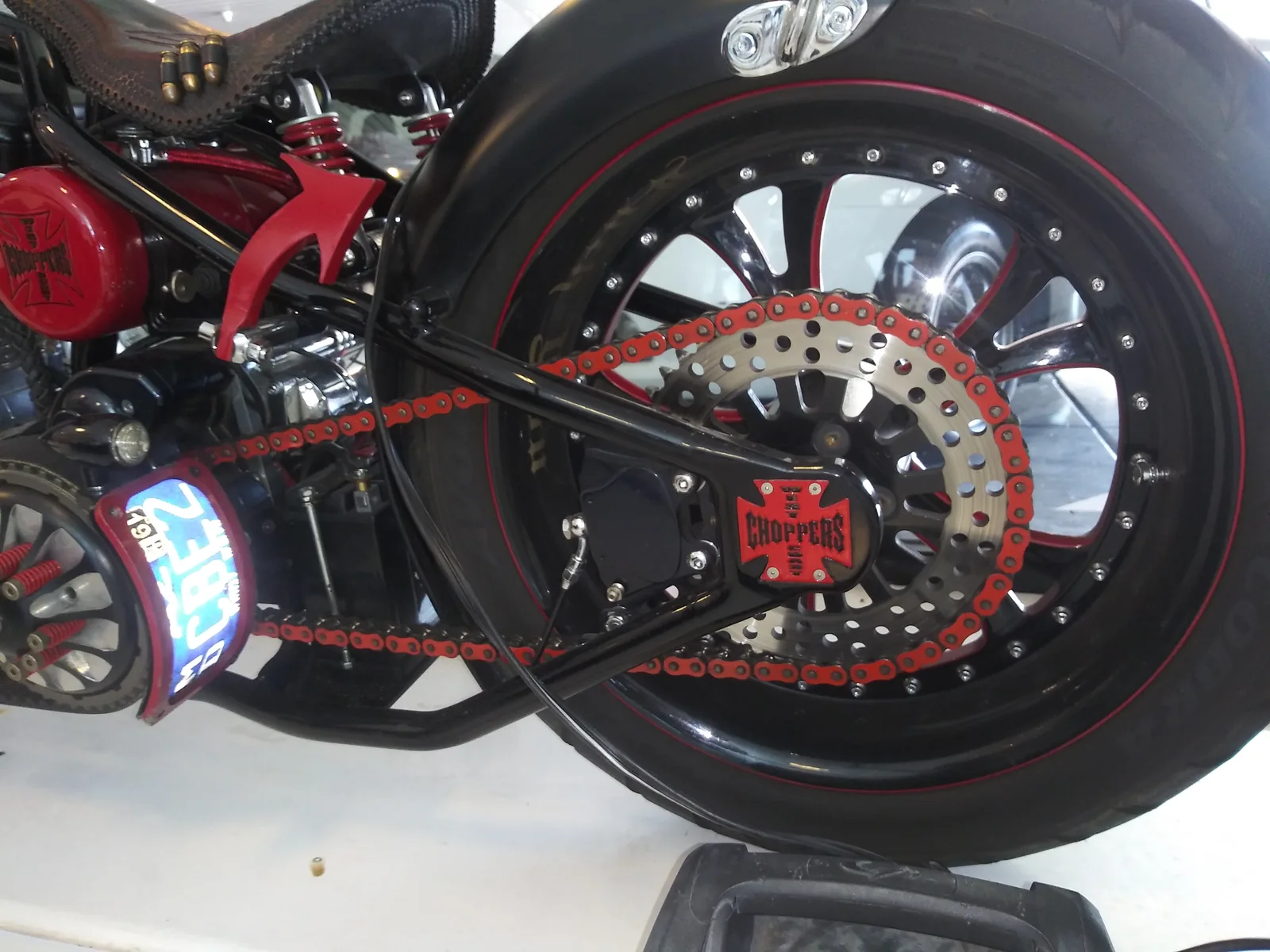 Rear wheel and brake detail of a custom chopper