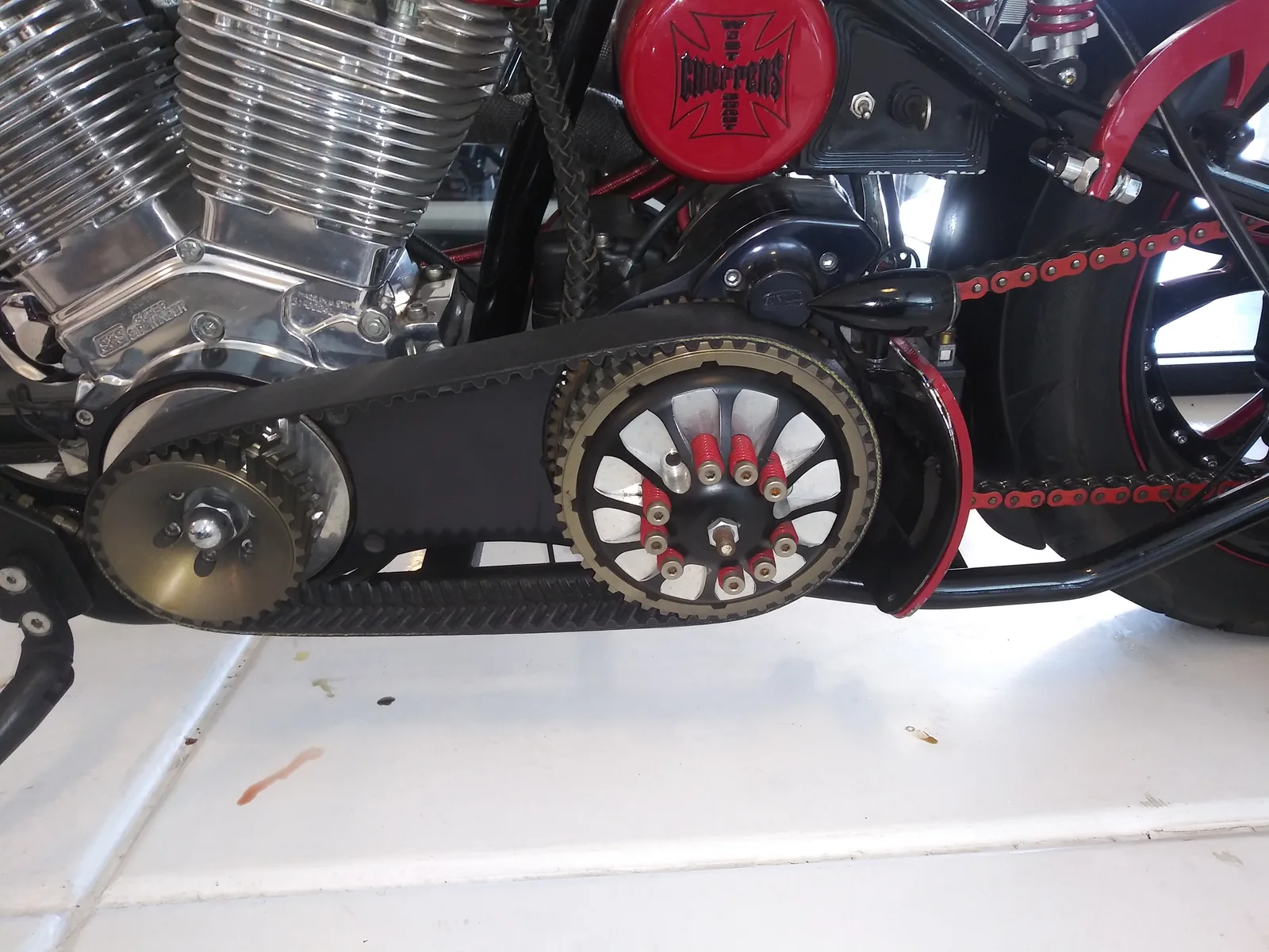 Detailed drivetrain and belt of a custom motorcycle build