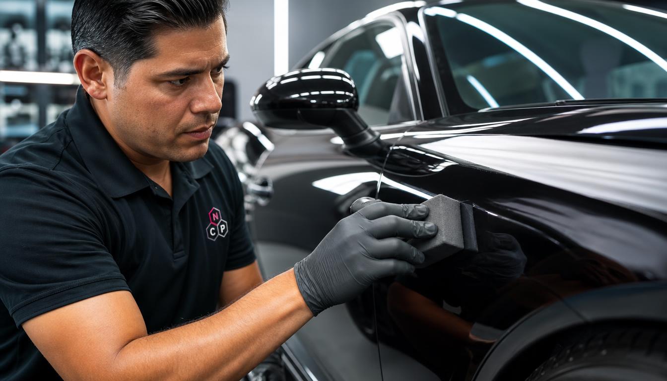 Technician applying Icon Rocklear liquid paint protection with an applicator block to a black luxury sports car