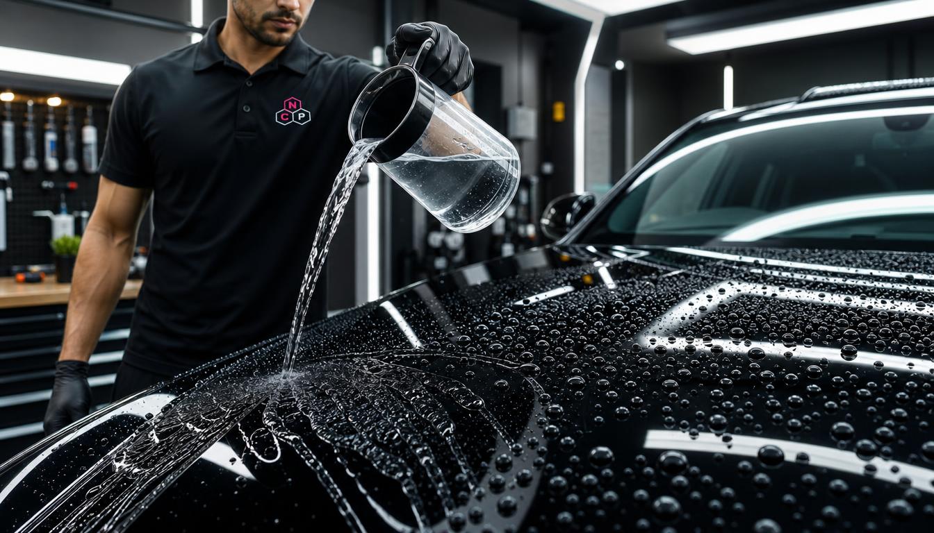 Water beading on a freshly coated black luxury vehicle during a hydrophobic test