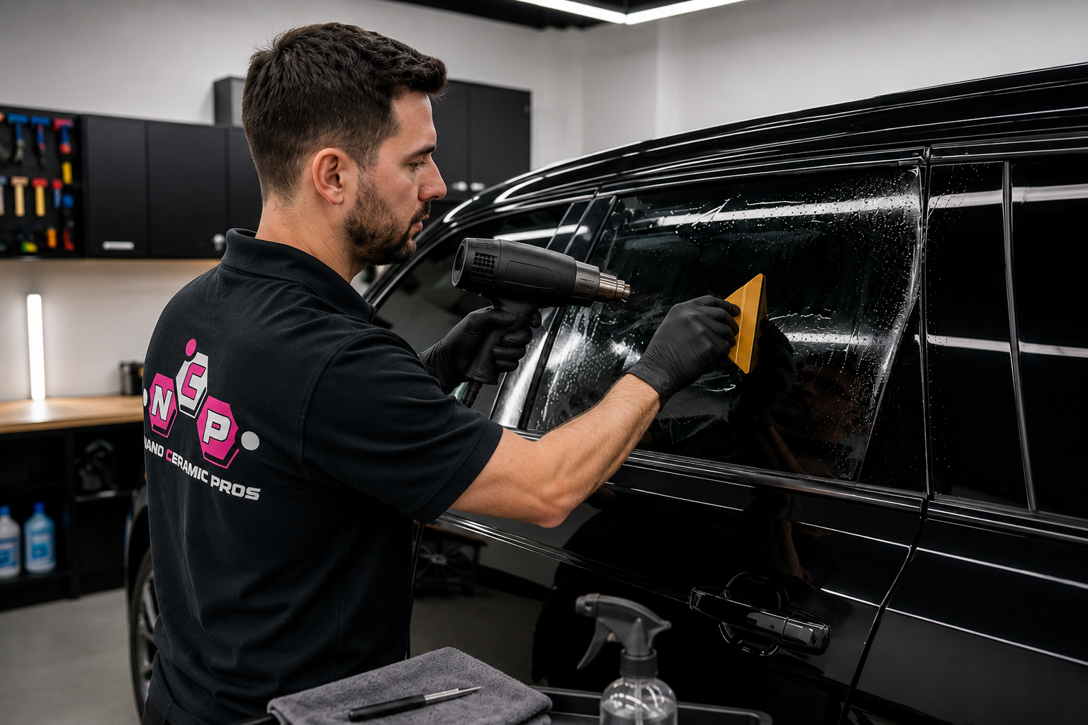 Window tint technician using a blue squeegee to install nano ceramic tint on a black luxury SUV side window