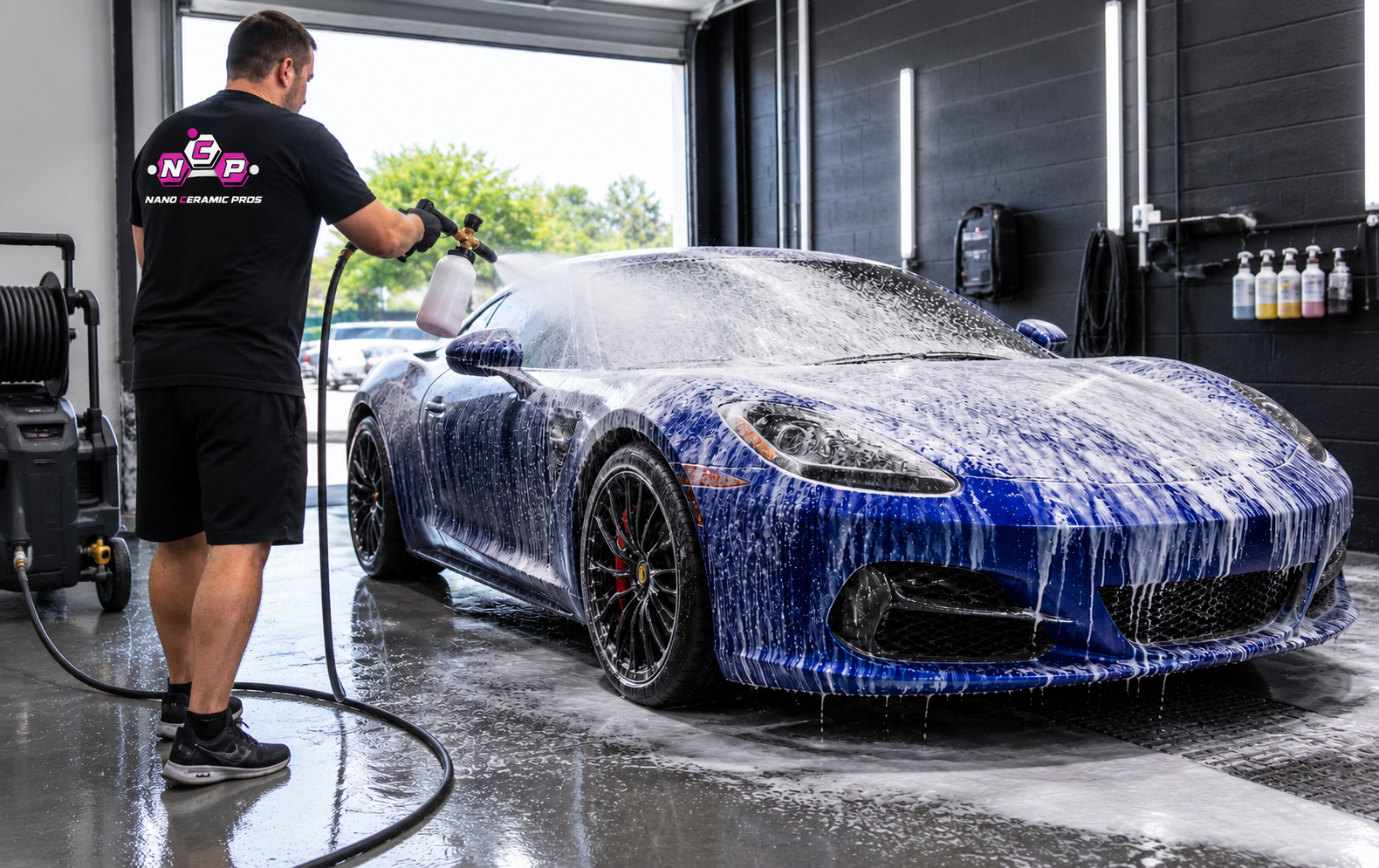 Automotive detailing technician covering a blue sports sedan in thick foam with a professional foam cannon in a premium wash bay